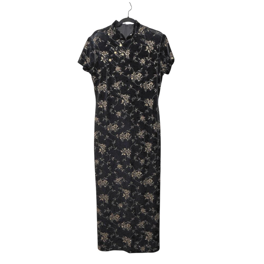 Sheri Martin 14 Vintage Black Velvet Long Dress Gold Embroidered Mandarin Collar